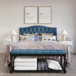 Blue Jenese Curved Upholstered Bed with Storage Bench in Linen